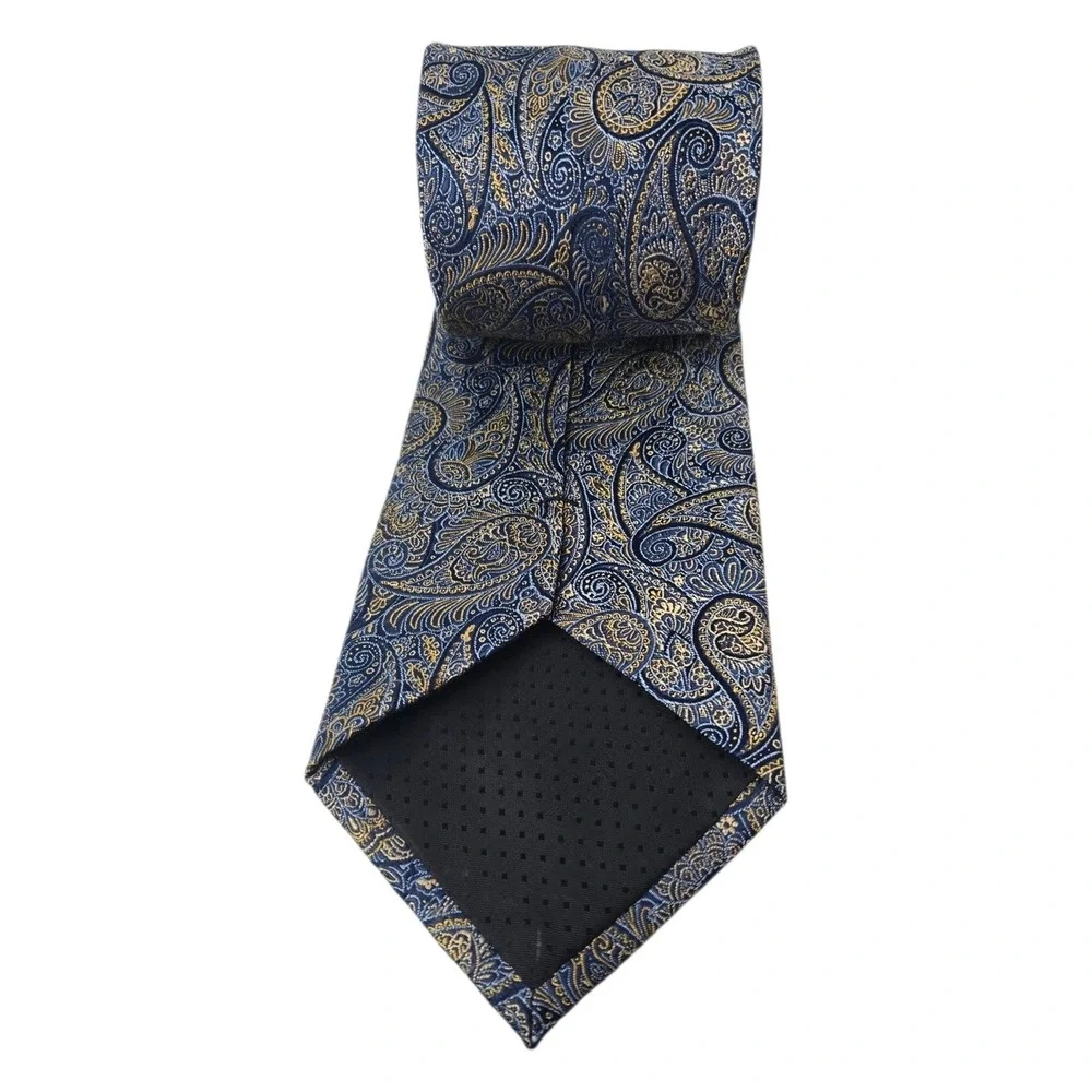 Van Heusen 100% Silk Tie Blue Paisley Gold Trim Mens Necktie Classic Formal